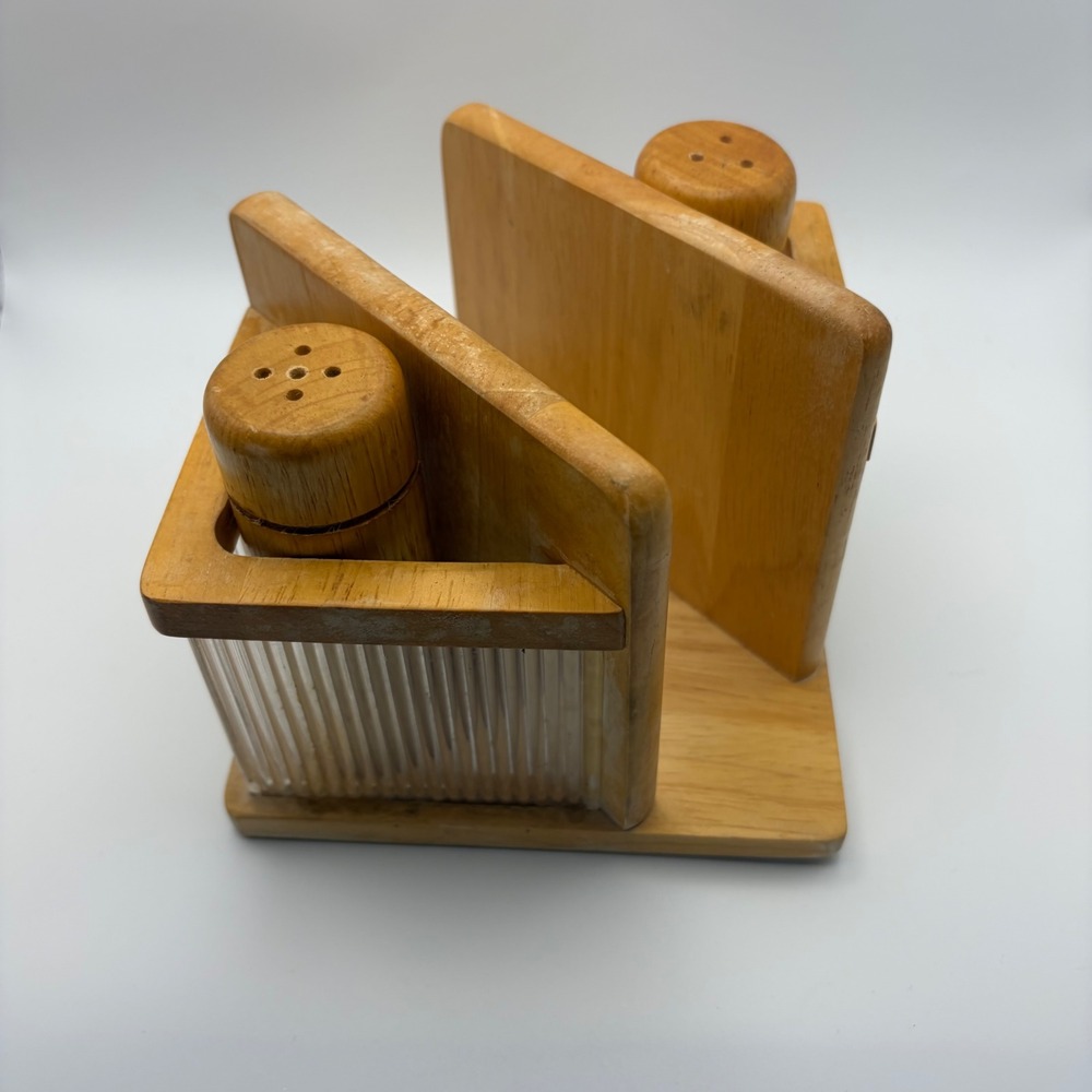M. Kamenstein Wood Napkin Holder Salt and Pepper Shaker Set Vintage Ribbed Glass